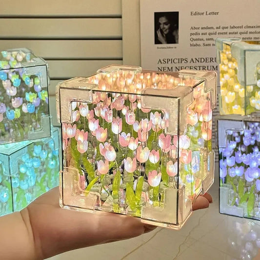 DIY Tulip Mirror Cube Lamp Simulation Flower Bedroom Sleeping Table Lamp Handmade Craft Tulips Mirror Night Light Birthday Gift