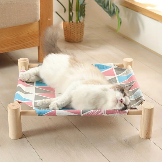 Elevated Pet Bed: Wooden Portable Cooling Hammock With Detachable Stand - Perfect For Cats & Dogs!